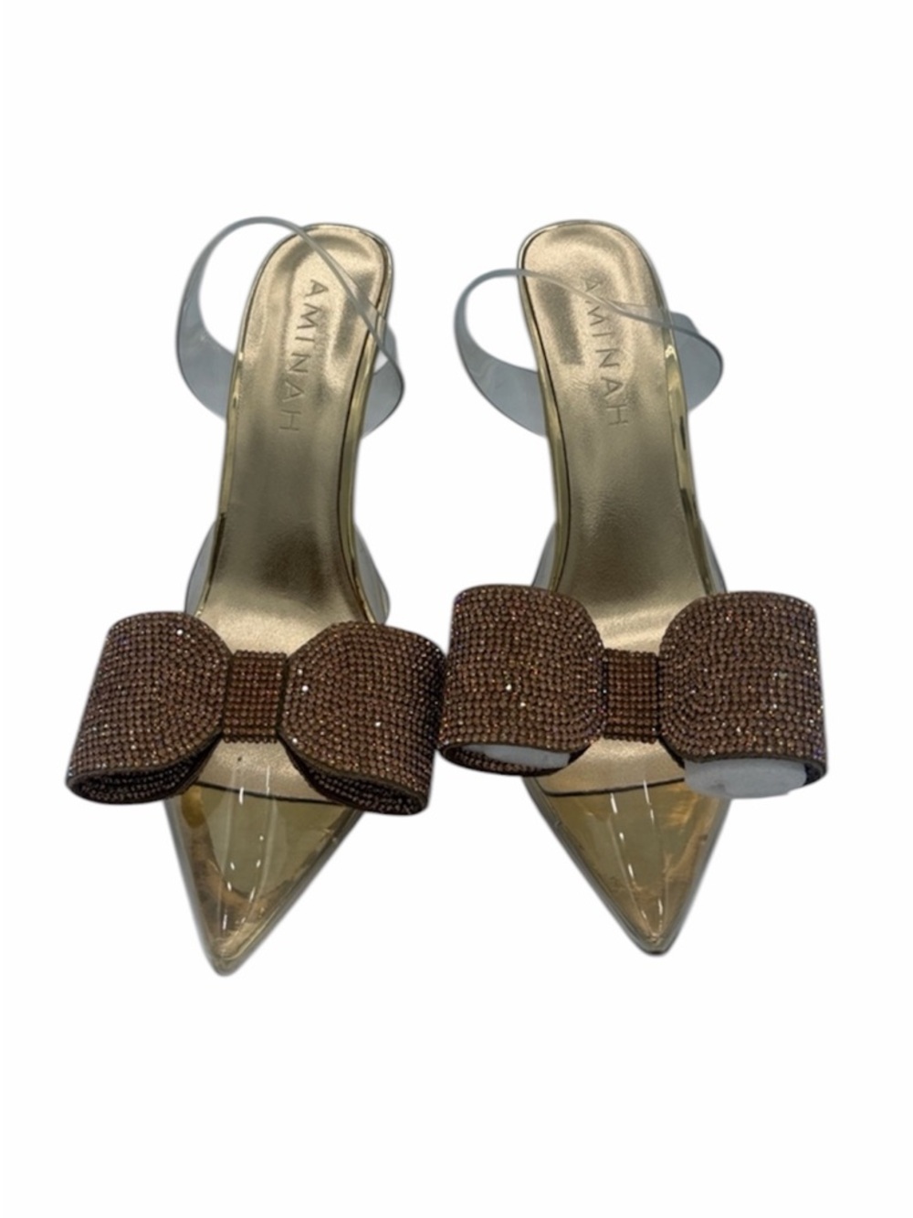 New Aminah Abdul Jillil ALORA TUXEDO
CLEAR + GOLD CRYSTAL BOW 4" Heels Size 8 - Picture 2 of 12
